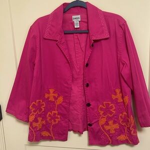 Chico's Women's Pink W/Pink& Orange Flowers L/S Jacket Size 2 L/14